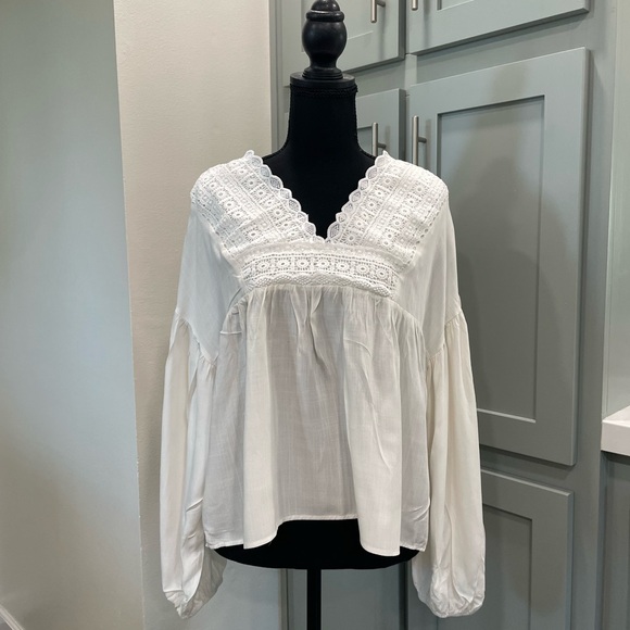 Wicked Tops - Boho White Crochet Yoke Peasant Top